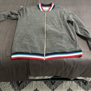 Sol Angeles Gray Jacket with Striped Collar, cuffs and hem. Medium. Like new